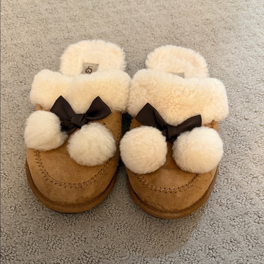 UGG Women's Tan Slippers with Cream Pom Poms